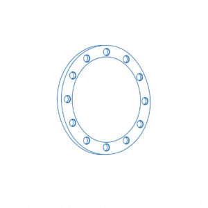 Blue technical drawing of a circular flange with two concentric rings and twelve evenly spaced bolt holes on the outer edge, viewed face-on in a line-art style.
